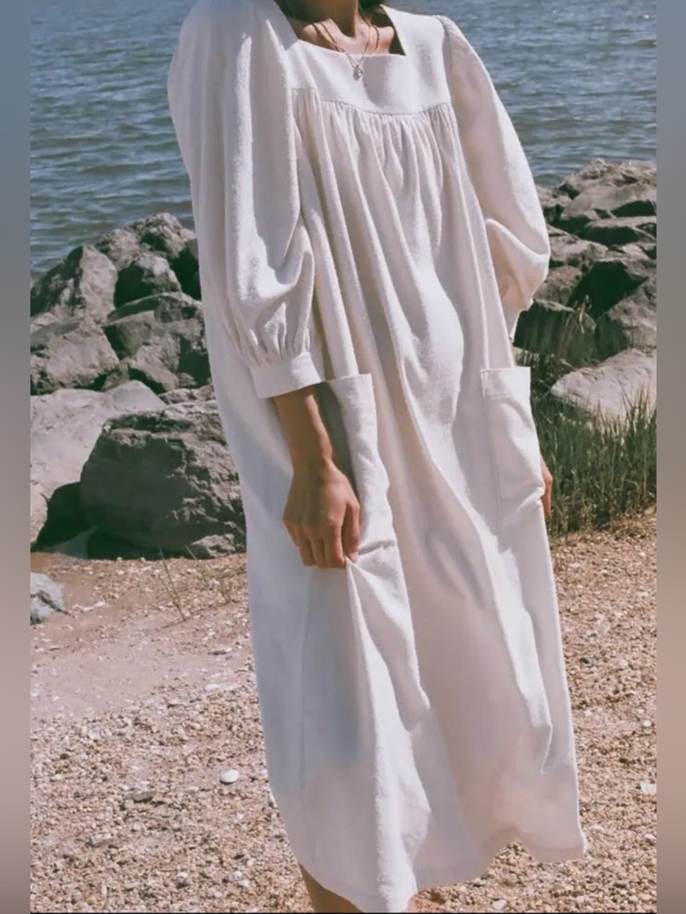 Na Nin raw silk Light Cream Puff-Sleeve Midi Dress with pockets NWT USA S (1)
